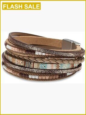 Leather Wrap Bracelet with Crystal Beads - Boho Multi-Layer Cuff Jewelry